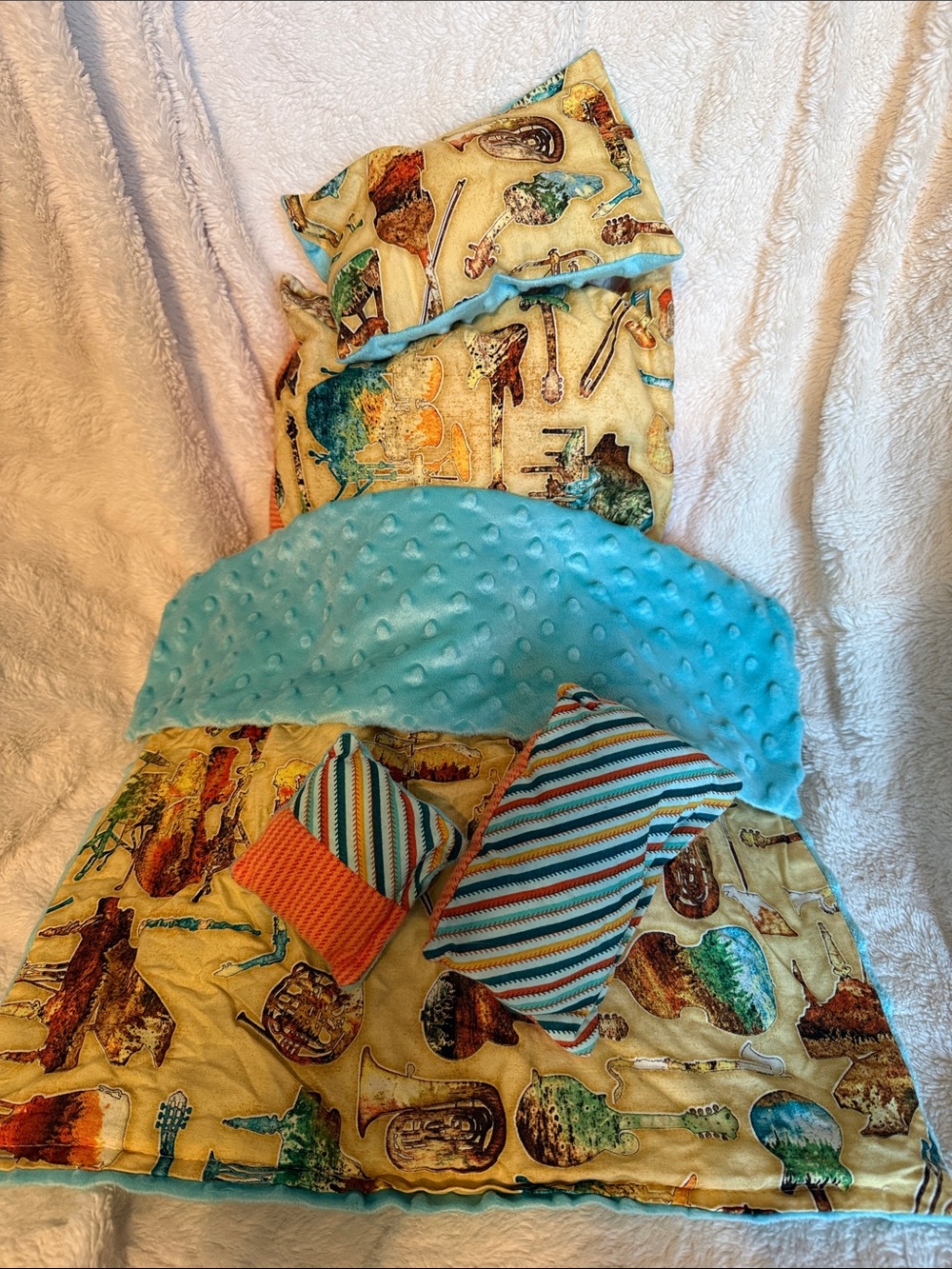 Handmade Musical Instrument Doll Bedding Set Yellow Blue Minky Blanket Pillows